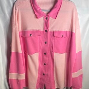 POL 2-Tone Pink Waffle Knit Button-Up Shacket | Medium